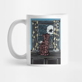 Christmas Linoprint Cat sitting on a windowsill watching Santa fly through the night on his sleigh full of gifts Mug